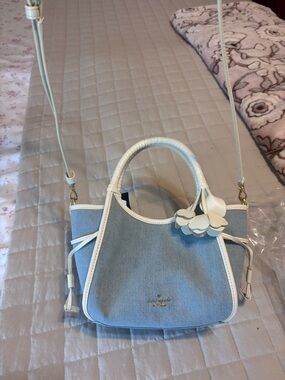 kate spade Light Blue and White Mini Tote Crossbody with Floral Charm